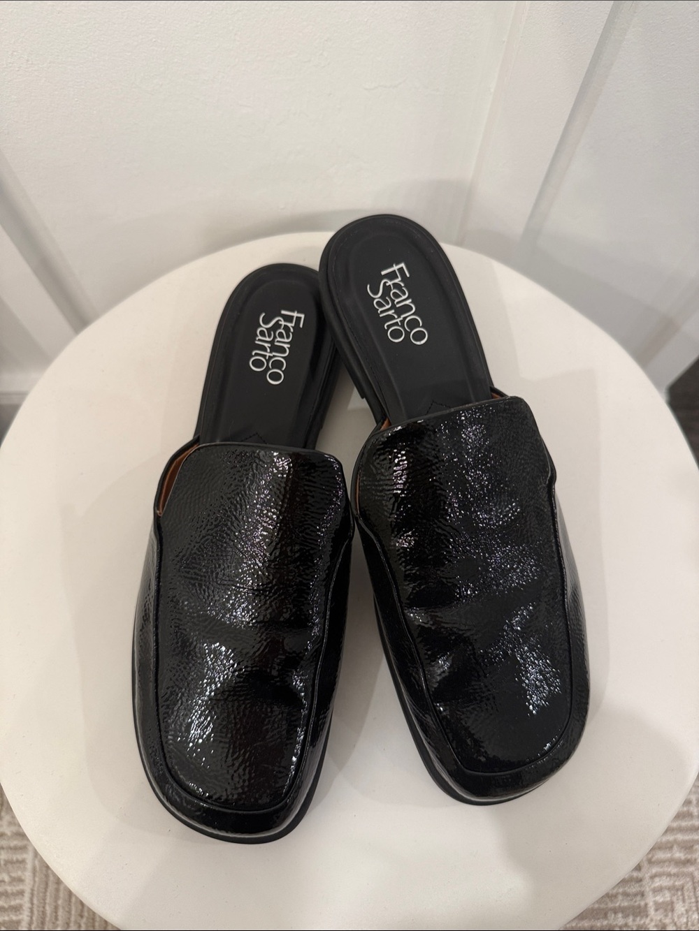 Franco Sarto Black Patent Slide Mules - Picture 1 of 4
